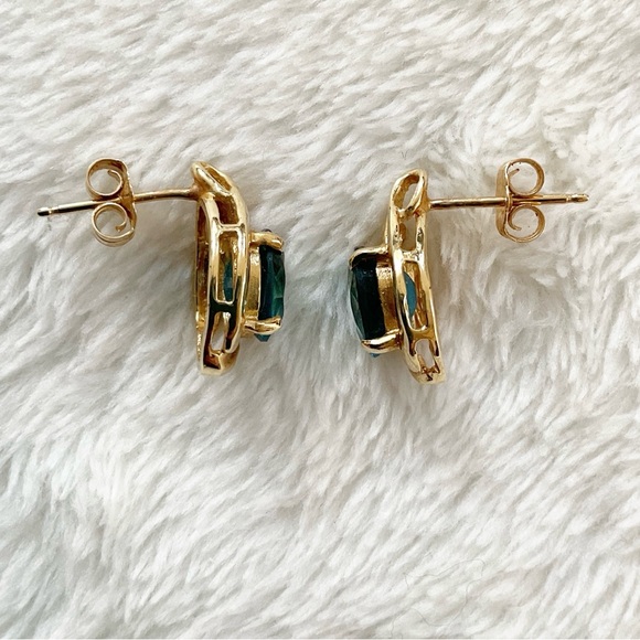 14K Gold Blue Topaz Earrings Vintage Oval Studs Swirl Design 3.32g - Picture 4 of 10